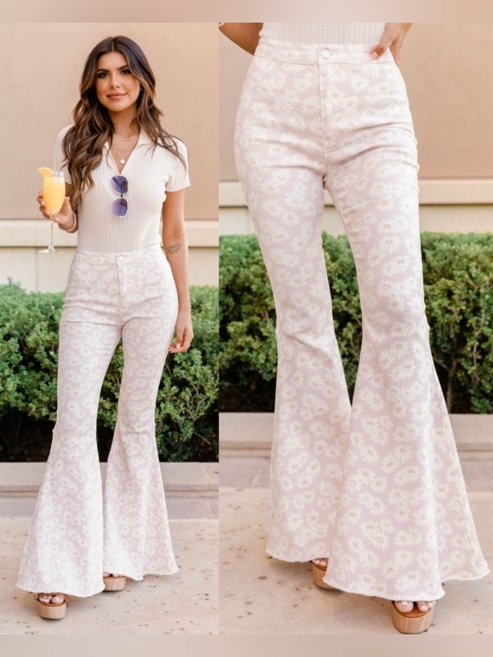 🌼 NWOT Pink Lily Passing Notes Pink Daisy Bell Bottom Flare Pants - Medium 🌼
